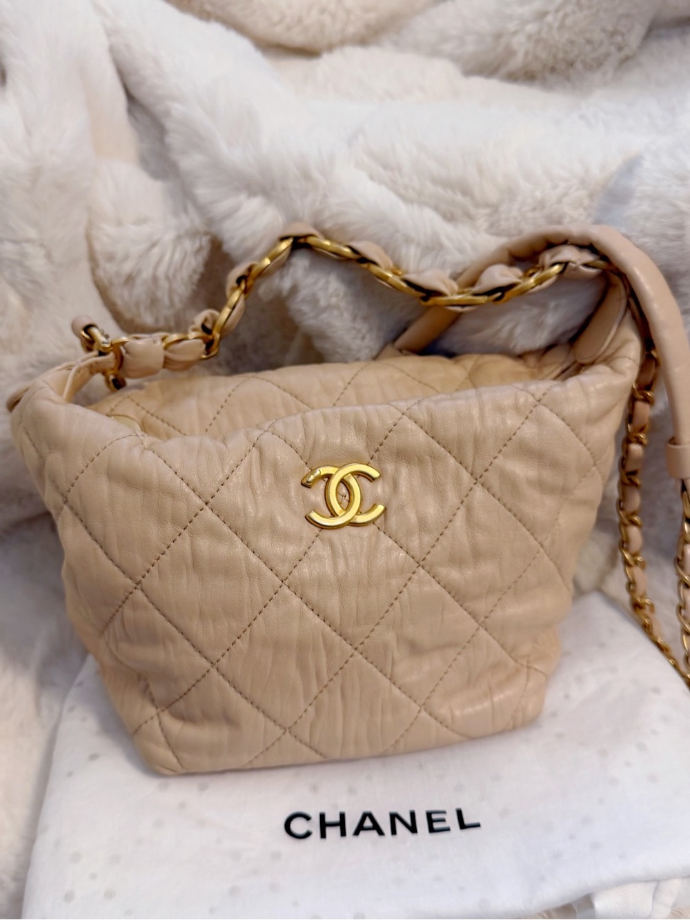 Chanel Quilted Beige Chain-Handle Shoulder Hobo Bag